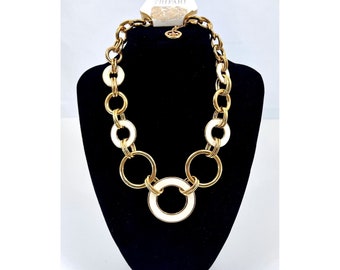 Crown Trifari Mod Necklace White Enamel Gold Tone LG Circle Links Runway Vintage