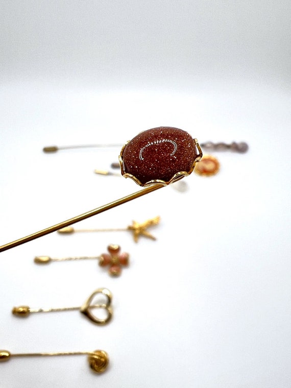 9 Gold tone Stick Hat Pins Goldstone Adventurine … - image 3