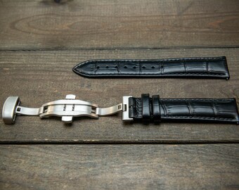 Leather watch strap made of calf leather with croc grain pattern 18, 19, 20, 21, 22, 24 mm. Deployment clasp.