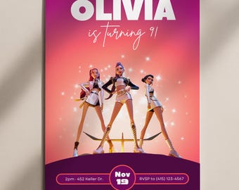 Zaproszenie na urodziny Łowców Demonów KPop, Dekoracje na imprezę Łowców Demonów KPop, Urodziny Łowców Demonów KPop, Zaproszenie na urodziny Łowców Demonów KPop Canva