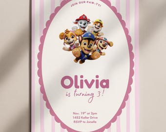 Zaproszenie urodzinowe Psiego Patrolu dla dziewczynek, edytowalne zaproszenie urodzinowe Psiego Patrolu, zaproszenie Psiego Patrolu, zaproszenie Psiego Patrolu