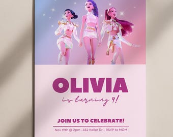 Zaproszenie na urodziny Łowców Demonów KPop, Dekoracje na imprezę Łowców Demonów KPop, Urodziny Łowców Demonów KPop, Zaproszenie na urodziny Łowców Demonów KPop Canva