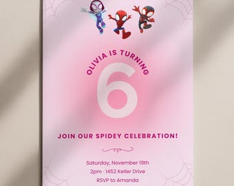 Zaproszenie urodzinowe dla dziewczynek z motywem Spidey'ego i jego niesamowitych przyjaciół, zaproszenie Spidey (Canva Invite)