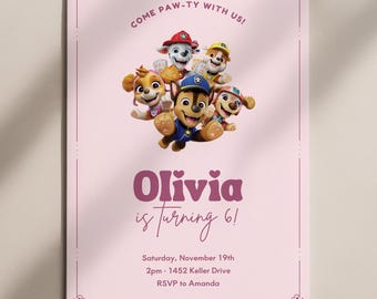 Zaproszenie urodzinowe Psiego Patrolu dla dziewczynek, edytowalne zaproszenie urodzinowe Psiego Patrolu, zaproszenie Psiego Patrolu, zaproszenie Psiego Patrolu