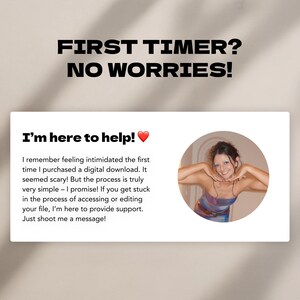 May include: A graphic with the text "FIRST TIMER? NO WORRIES!" and "I'm here to help!" with a heart symbol. The text is on a light background with a photo of a person in a circle.