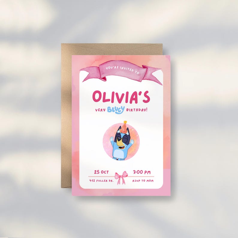May include: A pink birthday invitation with the text "Olivia's Very Bluey Birthday!" features a cartoon Bluey character. The invitation includes the date, time, and RSVP information. A brown envelope is behind the invitation.