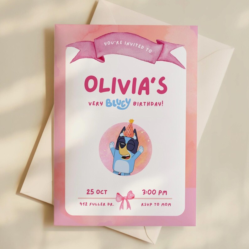 Bluey Invite Pink, Bluey Birthday Invitation, Bluey Party Invite, Bluey Birthday Invite Girl, Bluey Birthday PNG image 5