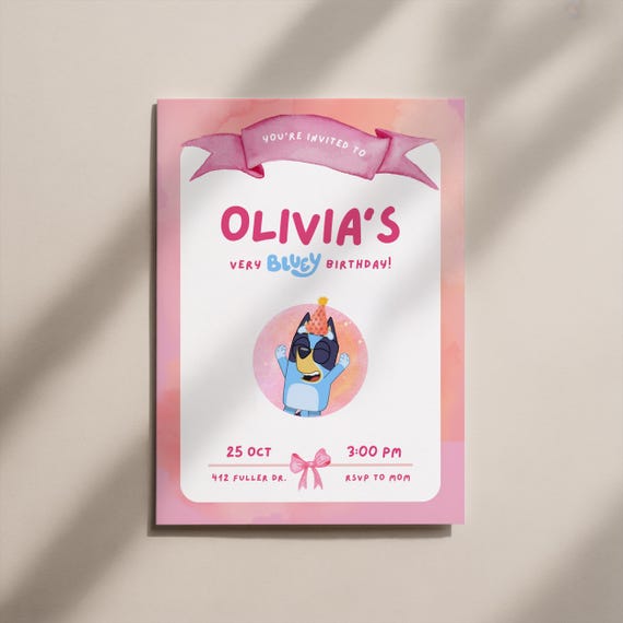 Bluey Invite Pink, Bluey Birthday Invitation, Bluey Party Invite, Bluey Birthday Invite Girl, Bluey Birthday PNG