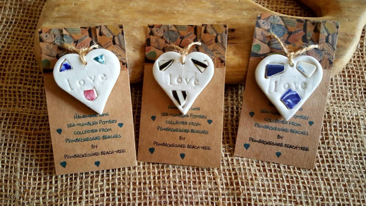 Mini pottery hearts with sea-tumbled pottery - sea pottery vintage po…