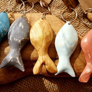 Hand-carved wooden fish keyring, reclaimed wood, sustainable gift, natural finish, waxed painted finish