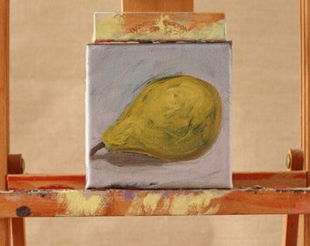 黄色い洋ナシの油絵、小さな静物画、正方形の絵画、現代美術