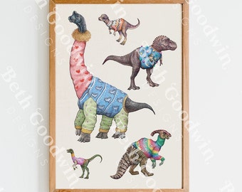 Dinosaurs wearing Jumpers print | Cute Dinosaur Art | Nursery Wall Art | Quirky Prints