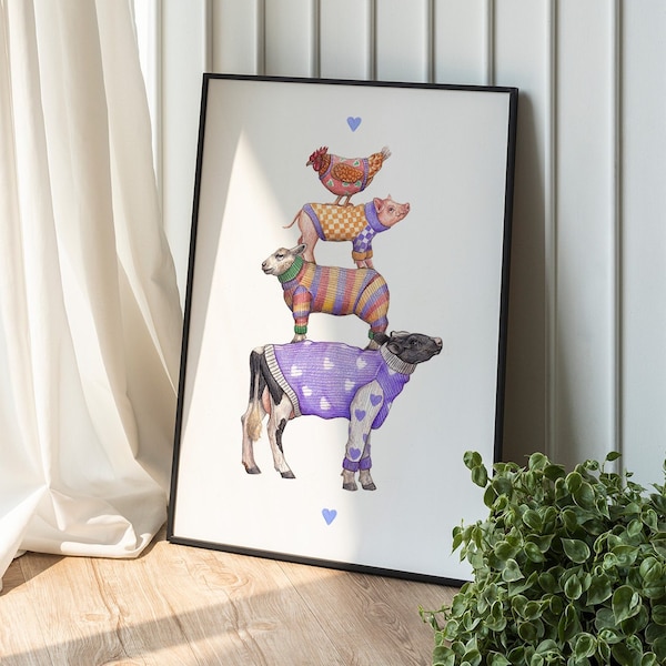Estampa de animais de fazenda vestindo roupas - Ilustração vegana - Arte de parede desenhada à mão