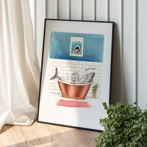 Funny Shark in the Bath Print - Bathroom Wall Art Gift image 1