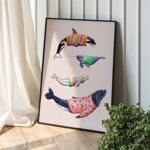 Whales in Jumpers Art Print: Colour Pencil Illustration