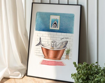 Funny Shark in the Bath Print - Bathroom Wall Art Gift