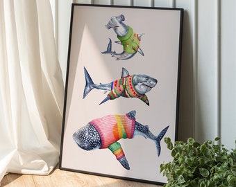 Sharks wearing Sweaters Art Print, Wall Art, Great White Shark Illustration, Whale Shark Print Gift