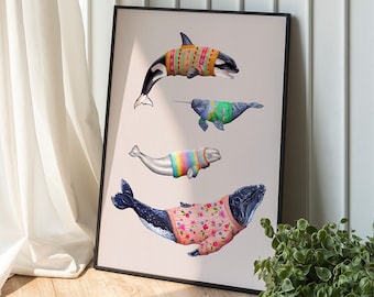 Whales in Jumpers Art Print: Colour Pencil Illustration Gift