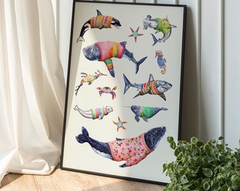 Sea Creatures in Jumpers Art Print: Cosy Ocean Life Illustration Gift