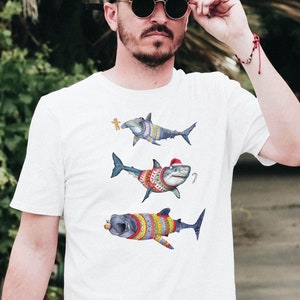 クリスマス シャーク ユニセックス Tシャツ、シャーク T シャツ、シャーク クリスマス ギフト、シャーク ギフト、男性へのクリスマス ギフト