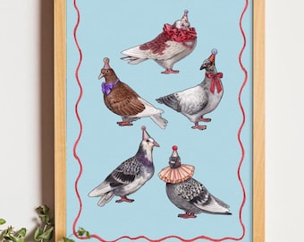 Circus Pigeon Print, Cute Wall art for Gallery Walls, Love Pigeons Print