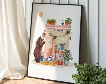 Grizzly Bear at Florist Art Print: Whimsical Illustration Gift