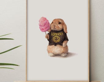 Rabbit Band Tee Art Print, Hand Drawn Bunny wearing Tee Illustration, Wall art