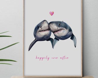 Happily Ever After Shark Wall Art Print - Romantic Gift for Newlyweds/Anniversary
