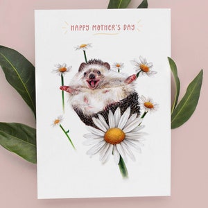 Greetings card featuring a hand-drawn Hedgehog surrounded by daisies with text that reads"Happy Mother's Day"