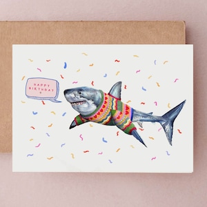 Shark & Confetti Birthday Card - Colourful Jumper Greetings Card