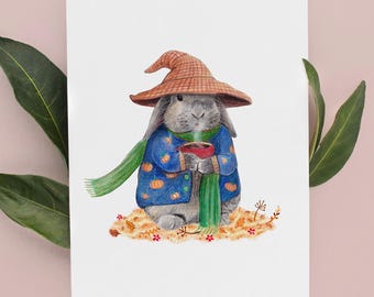 Herfstkonijntje Heks Kaart, Mini Lop Kaart, Gefeliciteerd met je verjaardag Kaart, Konijntje Illustratie Kunstcadeau