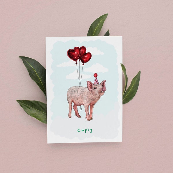 Cupig Card, Anniversary card, Pig Cards, Cute Valentines Cards, Pig Lover Cards, Animal Anniversary Cards, Cute Anniversary card