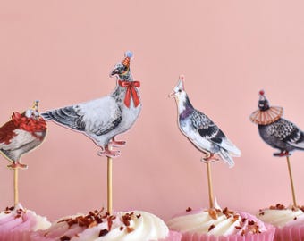 Set of 5 Party Pigeon Cake Toppers - Cute Cupcake Toppers