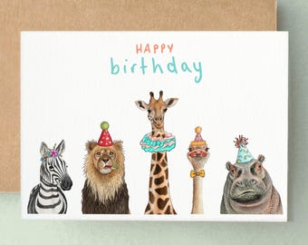 Safari Party Animals Birthday Card - Birthday Card for For Her, Children's Birthday Card Gift, Plastic free packaging