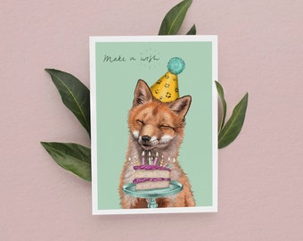 Birthday Fox Card, Fox Card, Fox Birthday Card, Make a Wish Card