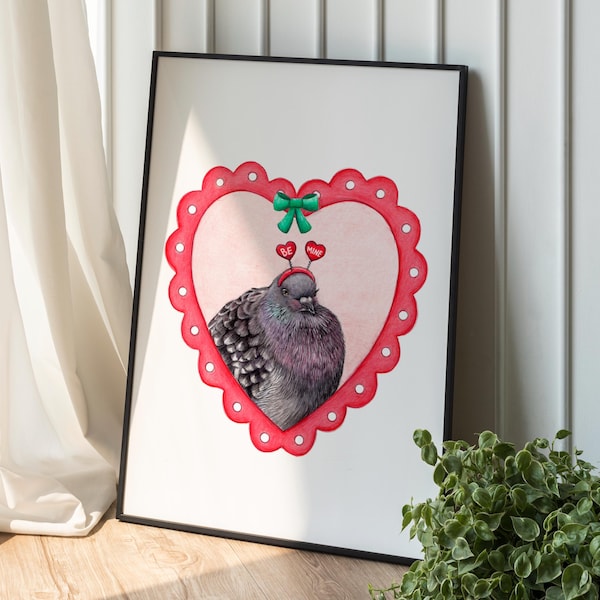 Impressão de pomba em forma de coração, arte de parede fofa com pomba, ilustração de pássaro apaixonado