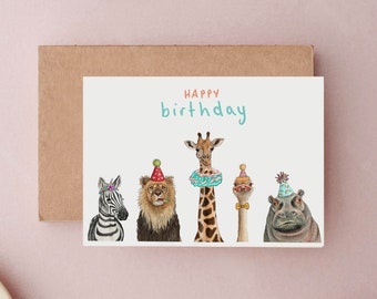 Safari birthday Card, Giraffe Birthday Card, Children's Birthday Card, Cards for Kids, Zebra Birthday Card