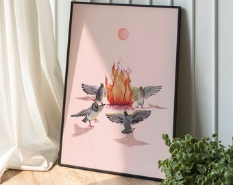 Pigeon Coven Art Print: Whimsical Witch Decor, Colorful Gallery Wall Gift