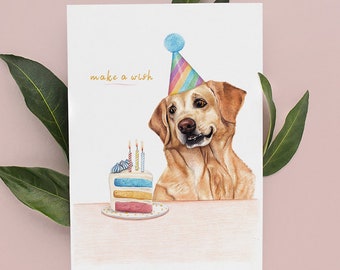 ラブラドールとケーキの誕生日カード、A6サイズのおもしろい犬のカード