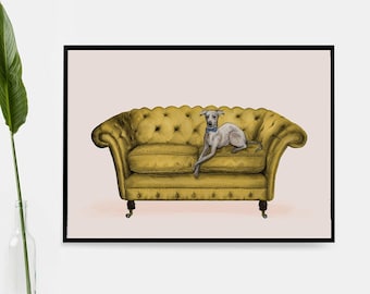 Puede incluir: Un perro galgo italiano gris y blanco con una pajarita azul está tumbado en un sofá amarillo acolchado con patas de madera. El sofá está sobre un fondo rosa claro.