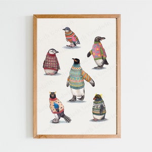 Penguins wearing Jumpers print | Cute Penguin Art | Nursery Wall Art | nature-inspired wall art | Quirky Prints