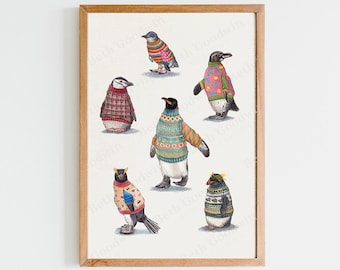 Penguins wearing Jumpers print | Cute Penguin Art | Nursery Wall Art | nature-inspired wall art | Quirky Prints