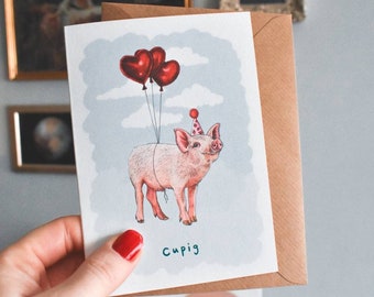 Cupig Card, Anniversary card, Pig Cards, Cute Valentines Cards, Pig Lover Cards, Animal Anniversary Cards, Cute Anniversary card