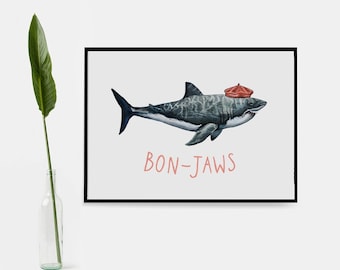 Funny Shark Print, Shark Poster, Bon-Jaws Print, French Gifts, Great White Shark Print, Funny Shark Illustration Gift