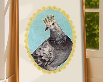 Pigeon Princess Print, Pigeon Gift, Hand Illustrated Wall Art