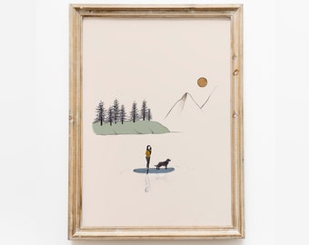 Dog Paddleboarding print, Adventure illustration, Paddle Boarding Print, Camping Illustration, Hiking Illustration, Mountain Wall Art