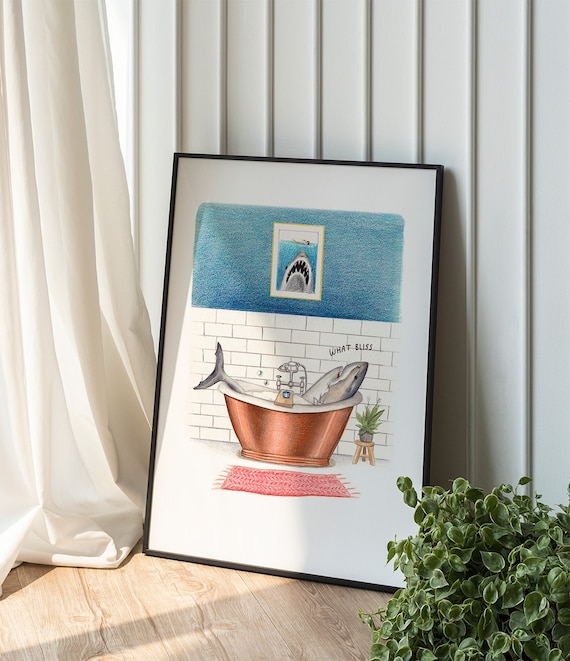 Funny Shark in the Bath Print - Bathroom Wall Art Gift