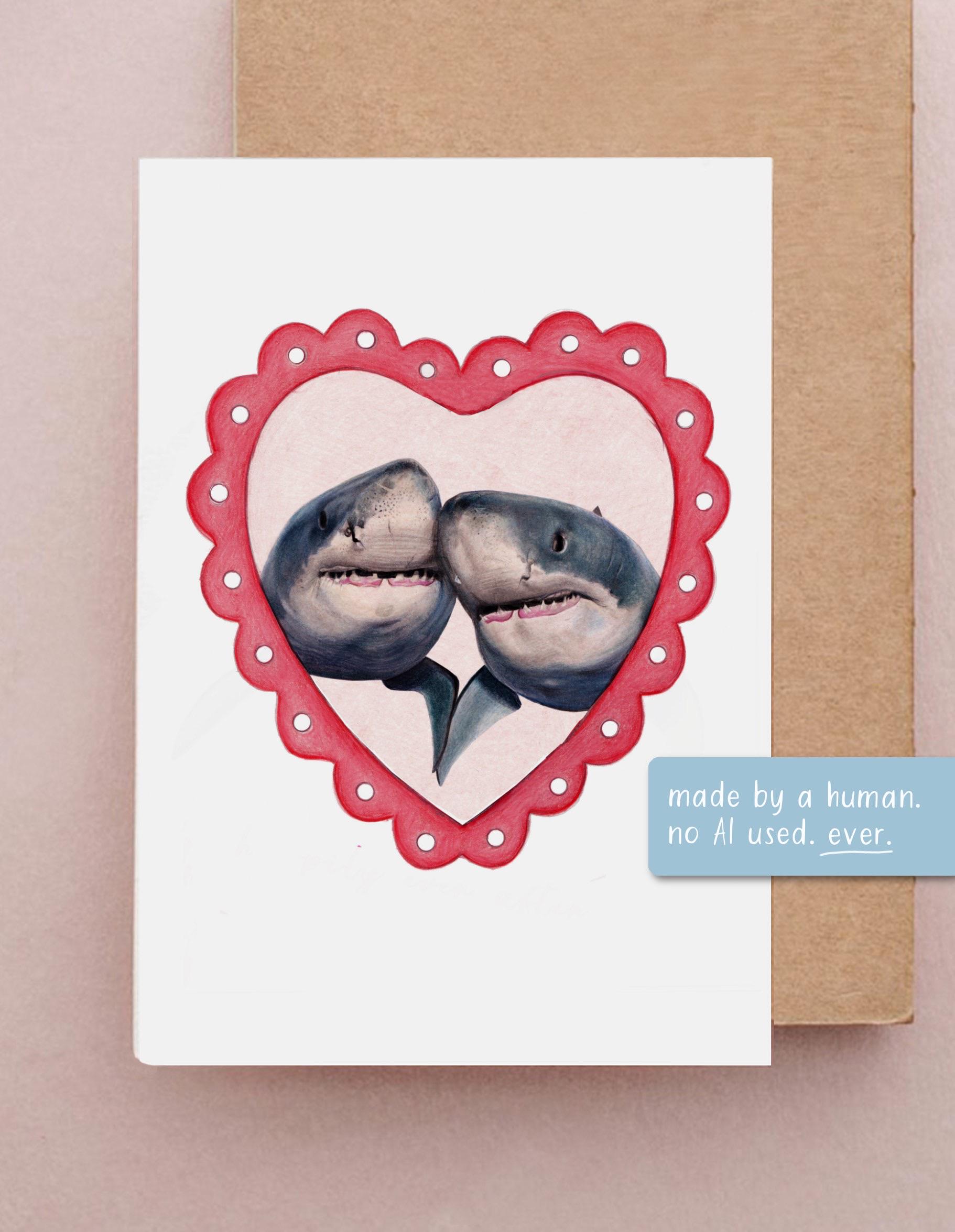 Romantic Shark Valentines Card, Shark Art, Romantic Hand Drawn Great ...