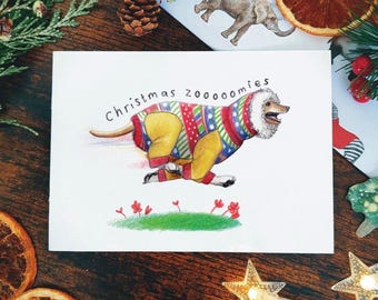 May include: A watercolor Christmas card featuring a dog wearing a festive sweater and running across a green patch of grass. The card has the text "Christmas zooooomies" written across the top.