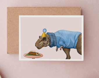 Dinosaur Birthday Card, Birthday Card, T-Rex Birthday Card, Caterpillar Cake Card, Funny Cards, Funny Birthday Card, Cards for Him